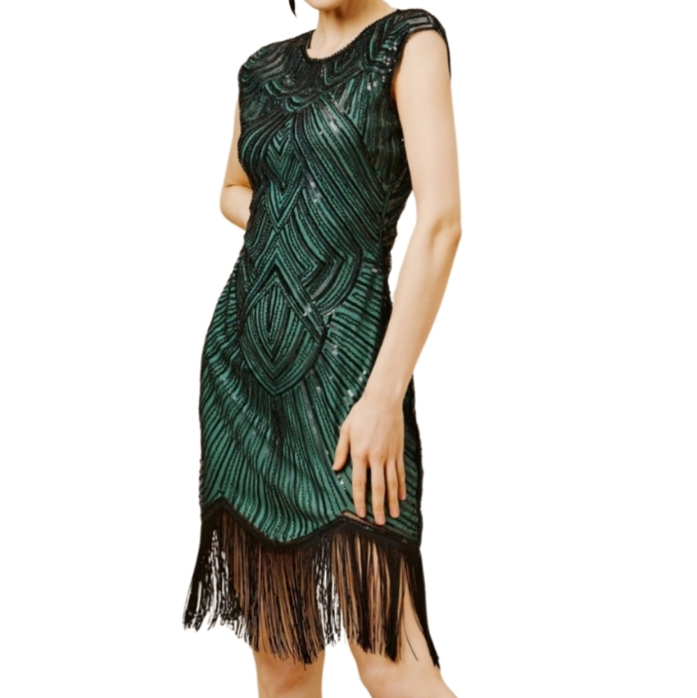 Green Beaded Fringe Mini Dress